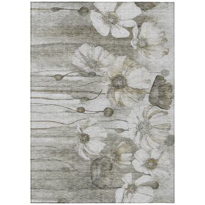 5' X 8' Taupe Ivory And Tan Floral Washable Indoor Outdoor Area Rug