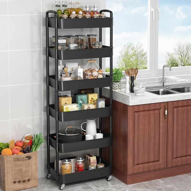 Chariot de rangement roulant en plastique à 6 niveaux avec poignée, chariot de rangement multifonctionnel avec roulettes pour le bureau, le salon et la cuisine (noir)