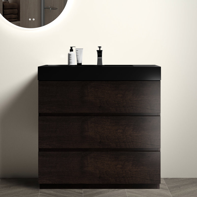 Armoire de salle de bain en noyer avec lavabo 36 po, style moderne, lavabo 36 po, Noyer, 36", Noir