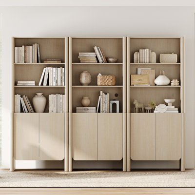 Glorian 5-Tier Modern French Bookshelf With A Storage Cabinet And Open Shelves, 72.6" Tall Bookcase With Soft Curved-Edge Doors,94.5" Large Storage Display Unit For For Home Theater Library Living Room, Beige