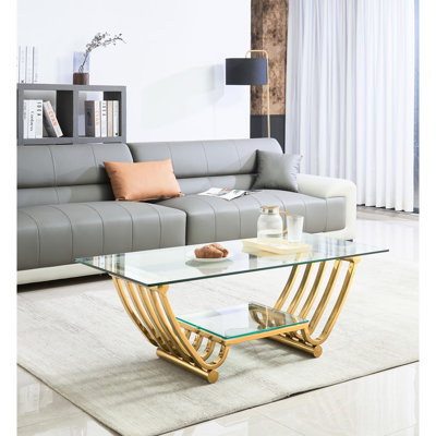 47" Rectangle Modern Coffee Table, Stainless Steel Construction, Double-Layer Tempered Glass, Gold, Storage For Home Office Living Room, Easy Assembly Passed On Rectangle, Glass Room Office, Presented