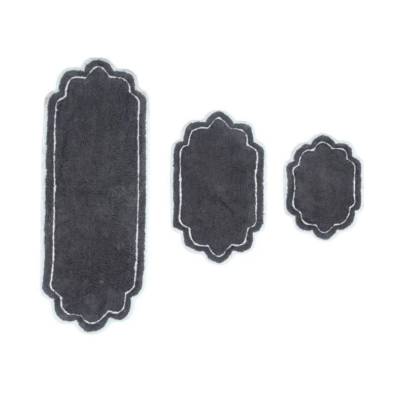 Dobrinka Cotton Bath Rug Set, Machine Washable, Quick Dry, Absorbent - 3 Piece Set, Dark Gray
