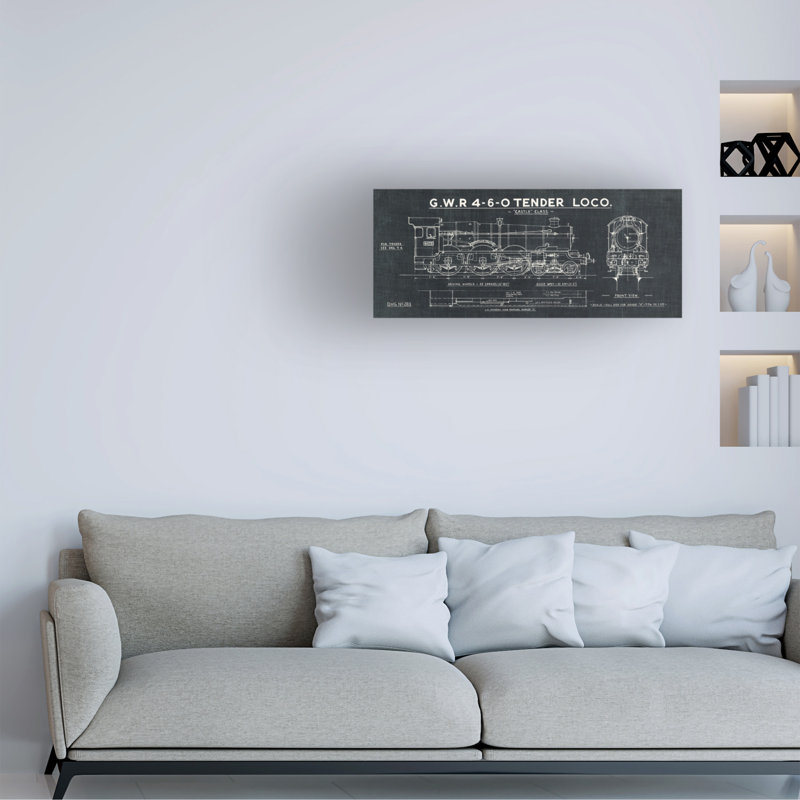 «Train Blueprint III Black» par Wild Apple Portfolio - impression sur toile tendue, H 10 po x l 24 po x P 2 po