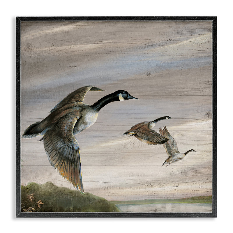 Oies en vol au-dessus d'une giclée encadrée rustique, design par Ruane Manning, Giclée encadrée noir minuit