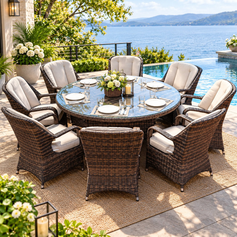 8-Person Outdoor Brown Dining Table Set, Brown