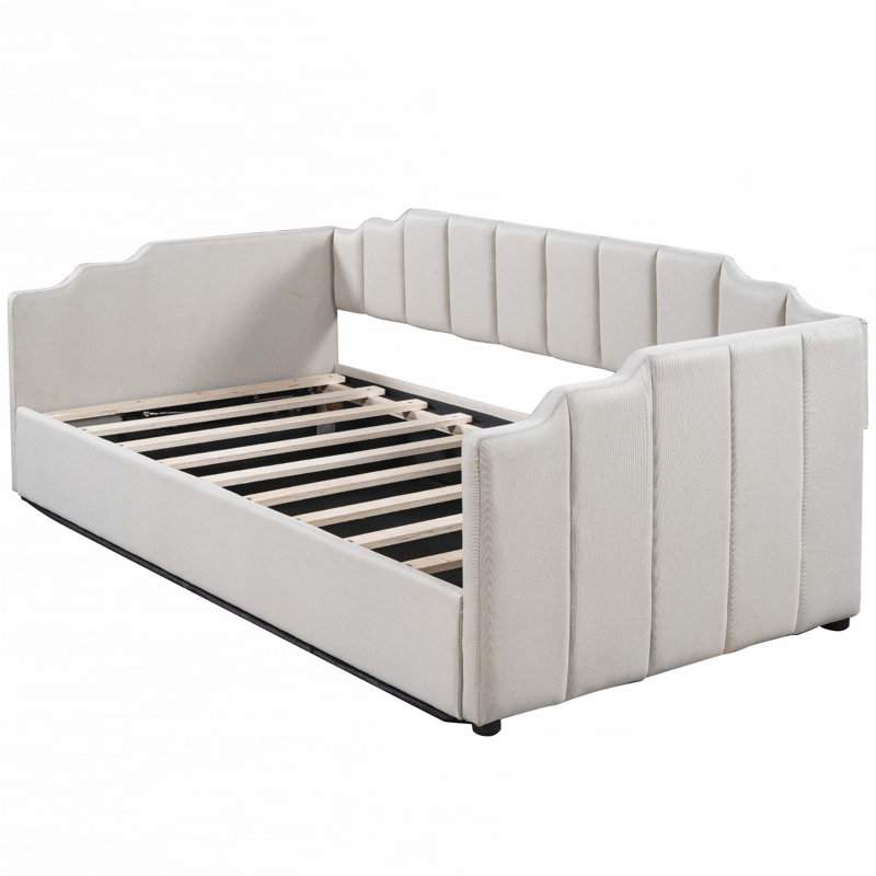 Lit de jour rembourré avec rangement inférieur, Beige, Twin