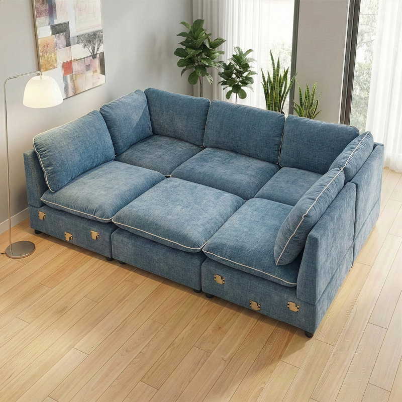 6-Piece Blue Chenille Modular Sectional, Blue