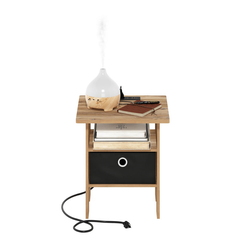 Maximina End Table with Storage and Built-In Outlets, USB & Type C Ports, Black, Flagstaff Oak