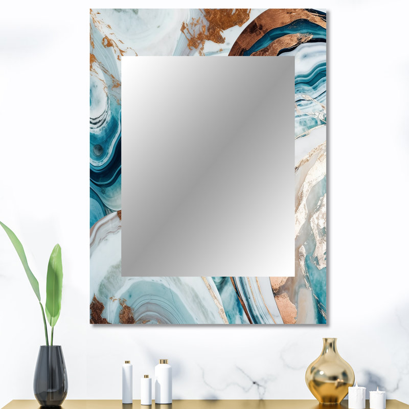 Demi-cercle bleu or abstrait V - grand miroir en marbre, décor de miroir mural moderne unique, impression d'art en métal