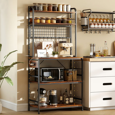 Bakers Rack with Power Outlet Industrial Coffee Bar Rustic Brown