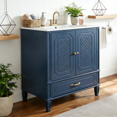 Meuble-lavabo 30 po avec lavabo style rétro, espace de rangement multifonctionnel, tablette de porte, porte à fermeture en douceur, bleu