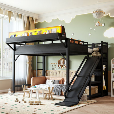 Loft Bed with Slide, Storage Shelves, Built-in Wardrobe, and LED Lights, Metal Frame with USB Ports, Safety and Solid
