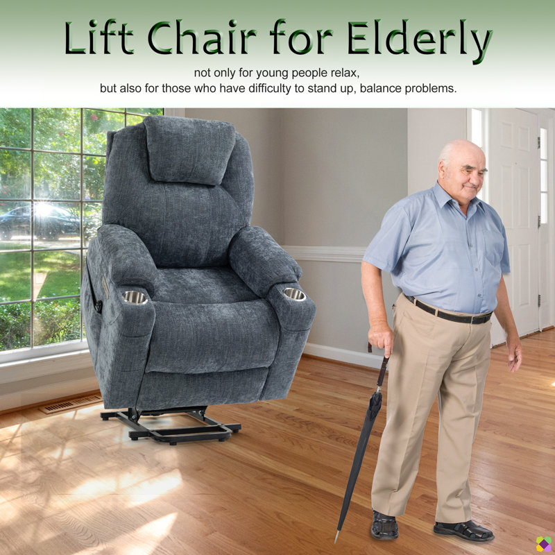 Weona 35.43" W Power Recliner, Liftable, Massage, Heater, Cup Holder, Gray Chenille
