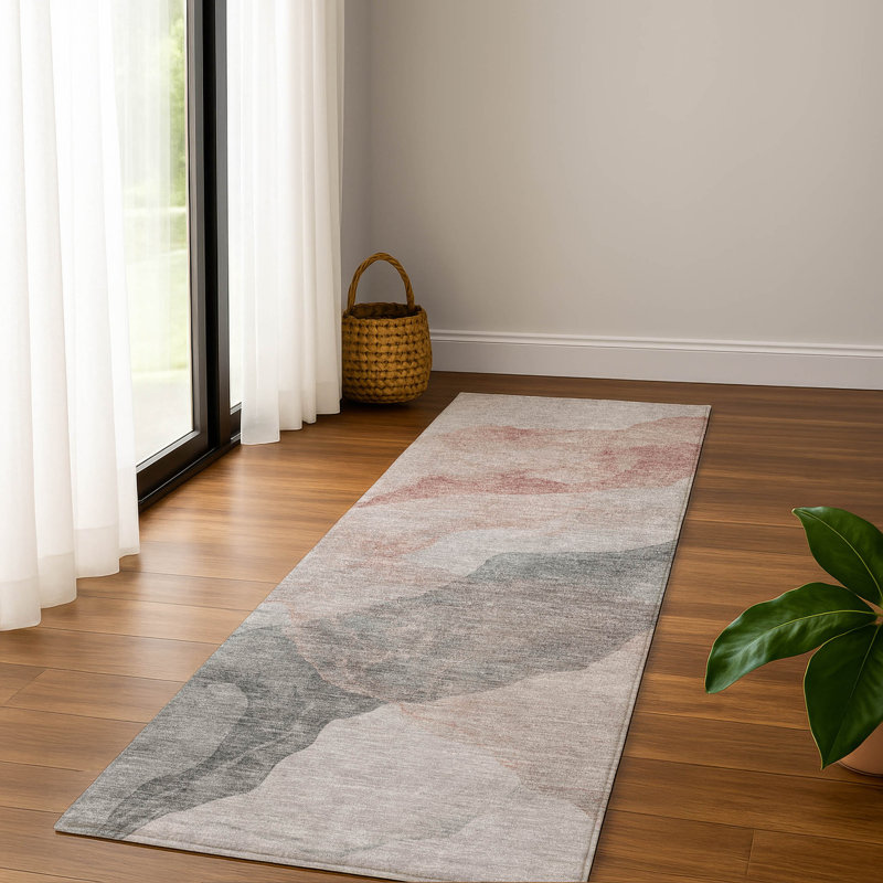 Premium Machine Washable Mayfield AMF2109 Abstract Rug, 2'3" x 7'6" Runner, Salmon