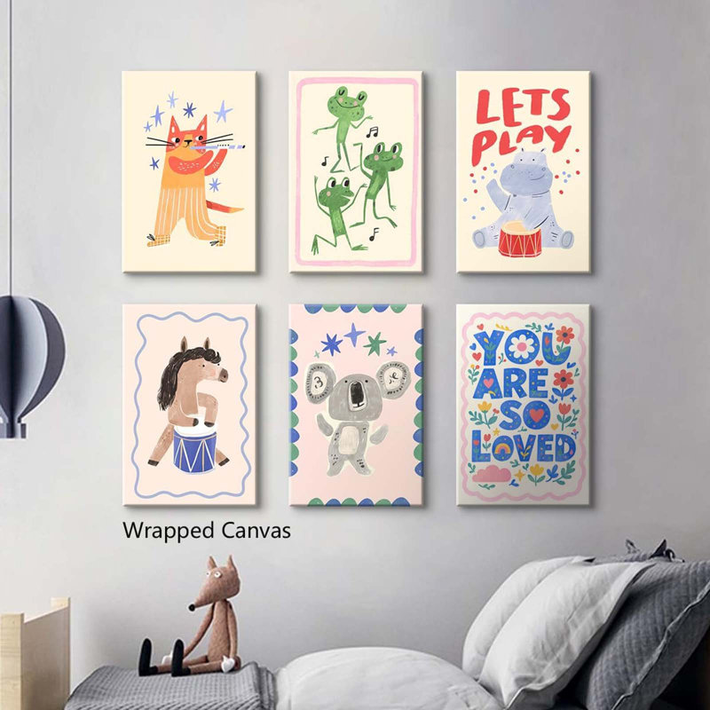6Pcs Animal Music Concert Canvas Wall Art, Cute Frogs And Raccoon Dancing Kids Room Poster, Funny Fox Hippo And Zebra Playing Pictures, You Are So Loved Nursery Quote Print Wrapped Canvas