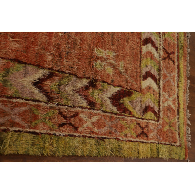 Tapis orange / jaune en laine noué à la main de conception unique 6 pi 7 po x 9 pi 7 po New Age