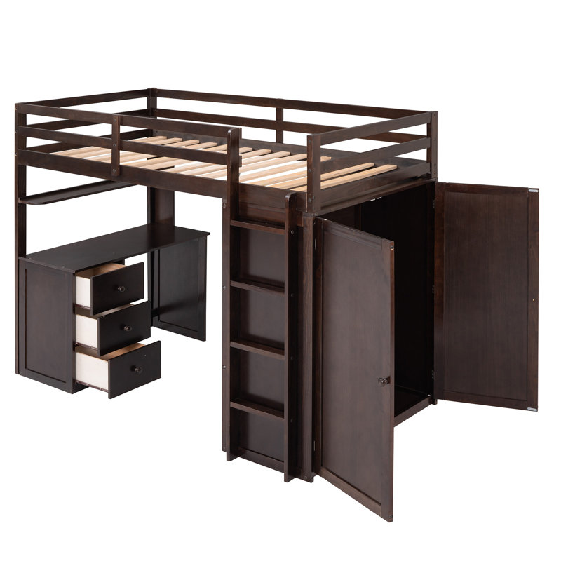 Lit mezzanine avec tiroirs, bureau et garde-robe, Lit simple, Espresso