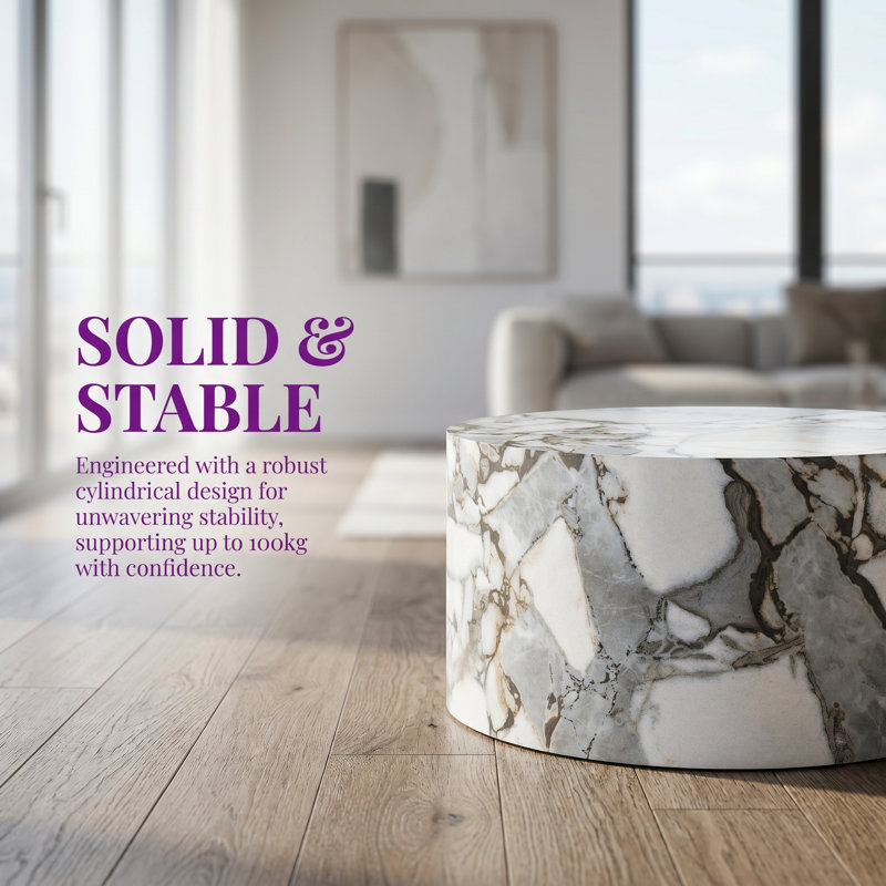 Table basse cylindrique texturée en marbre avec bords arrondis et patins antidérapants, table d'appoint en bois aggloméré à motif de pierres grasses