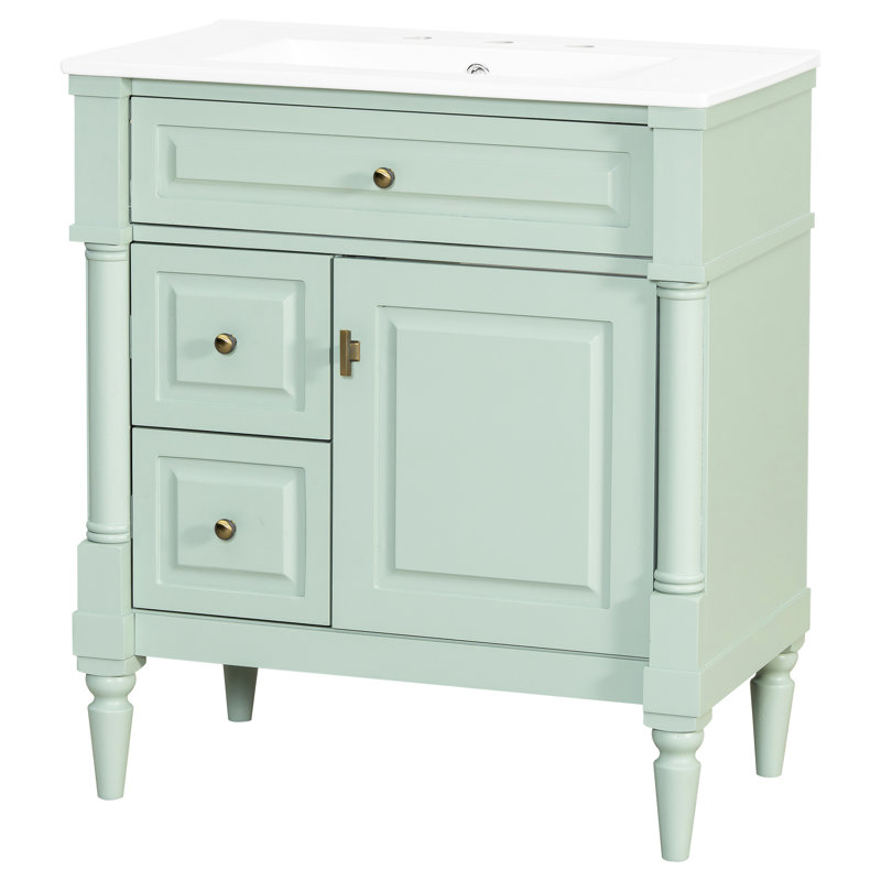Meuble-lavabo autoportant de 76 cm (30 pouces) avec lavabo en céramique et rangements organisés. Meuble-lavabo de salle de bain de 76 cm (30 pouces) avec 3 tiroirs et portes coulissantes fonctionnelles.