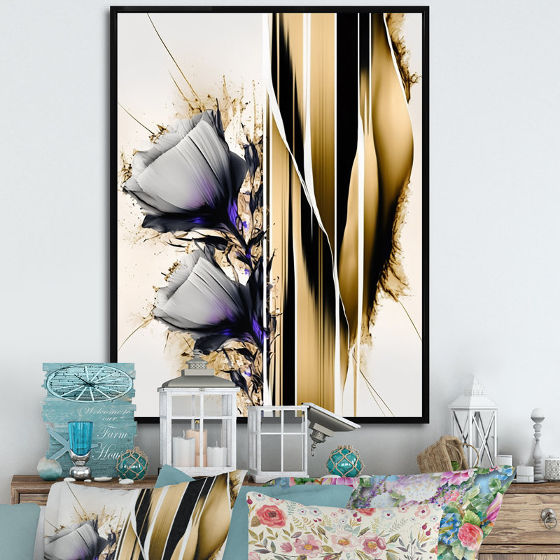 Fleur mauve sur une peinture abstraite I - Peinture sur toile, H 20 po x l 12 po x P 1 po, Toile avec cadre flottant noir