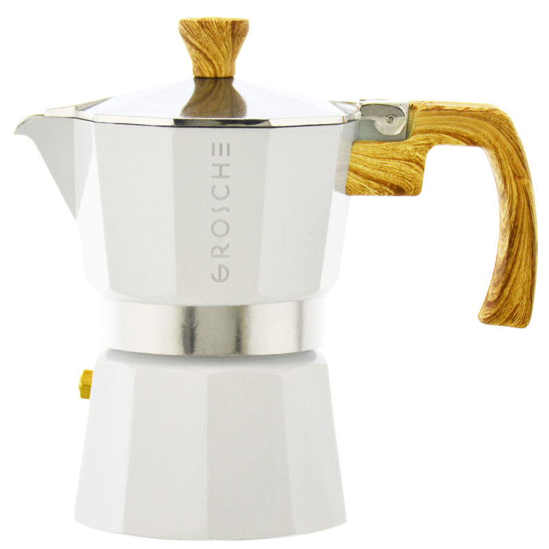 White Aluminum 9-Cup Stovetop Espresso Maker with Wood Accents