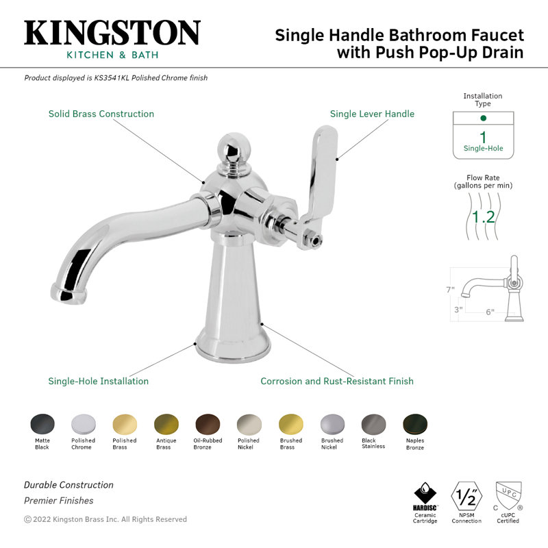Kingston Brass Knight Single-Handle 1-Hole Deck Mount Bathroom Faucet with Push Pop-Up, Brushed Nickel