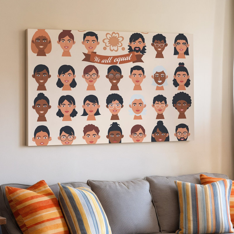 La toile crée une illustration vibrante et inclusive mettant en vedette un groupe d'art mural composé de visages stylisés représentant divers art mural sur toile