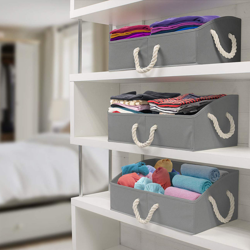 Gray Fabric Collapsible Under Bed Storage Box with Rope Handles