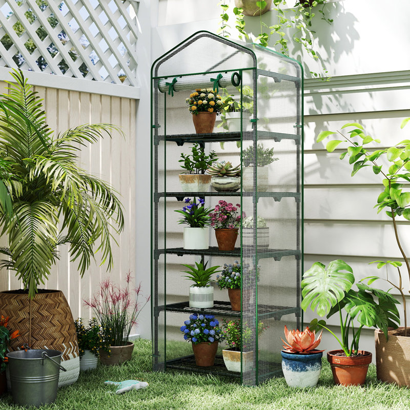 Mini Greenhouse with 5 Tier Shelves, PE Cover, Roll-Up Zipper Door, White