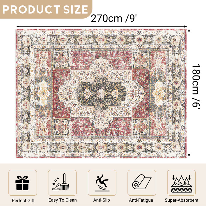 Machine Washable Oriental Medallion Soft Rug, Rectangle 6' x 9'
