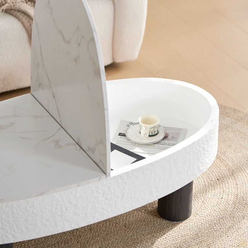 Table basse ovale avec plateau en faux marbre, table basse avec tiroir caché et espace de rangement