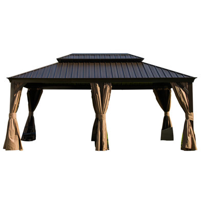 Pavillon de jardin extérieur en aluminium galvanisé de 12 pi x 18 pi avec toit en acier galvanisé, pour la cour arrière et la pelouse brun