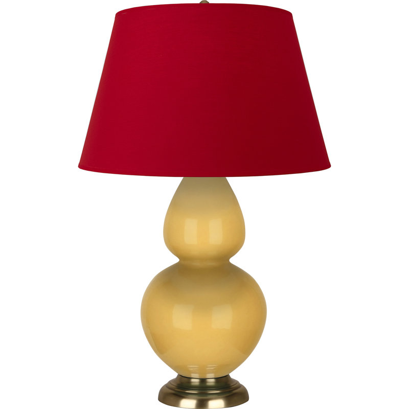 Lampe de table double gourde en céramique, Jaune coucher de soleil glacé / laiton, Blanc cassé, Laiton
