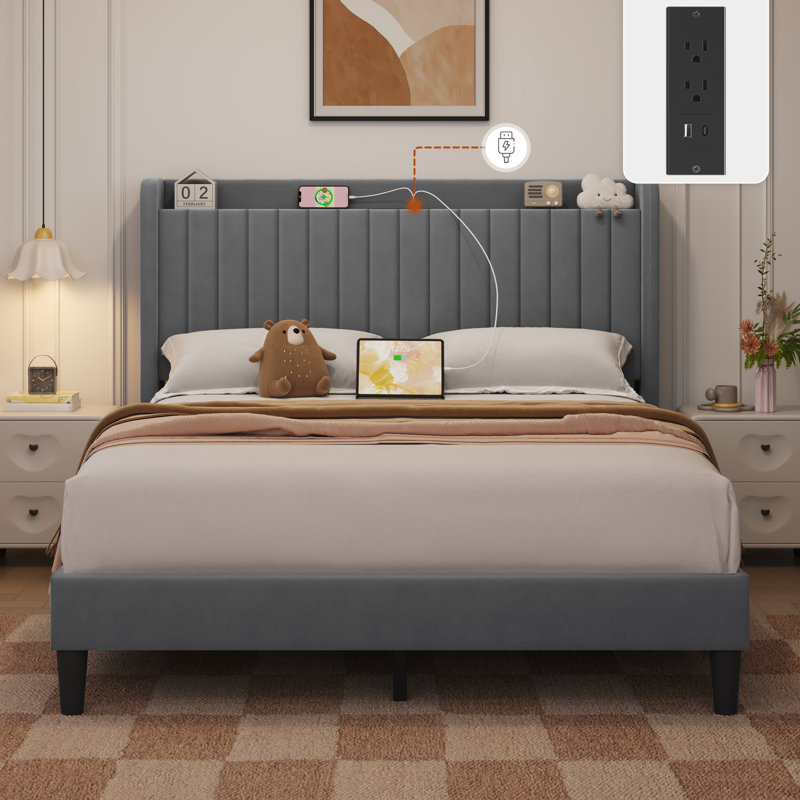 Structure de lit rembourrée avec prises de recharge et ports USB, Light Grey, Grand
