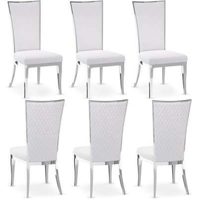 Glam White Velvet High Back Dining Chairs With Mirrored Silver Legs Set Of 6