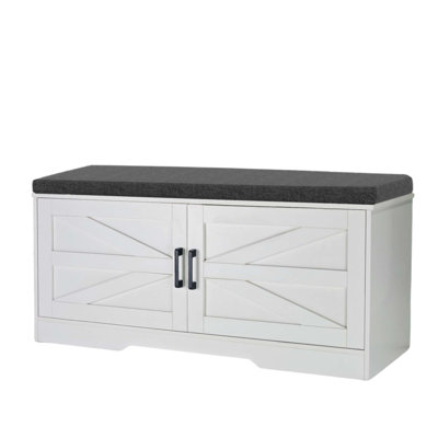 2-Tier Farmhouse Storage Bench With Padded Seat, Adjustable Shelves, And Barn Doors For Entryway, Bedroom, Or Living Room