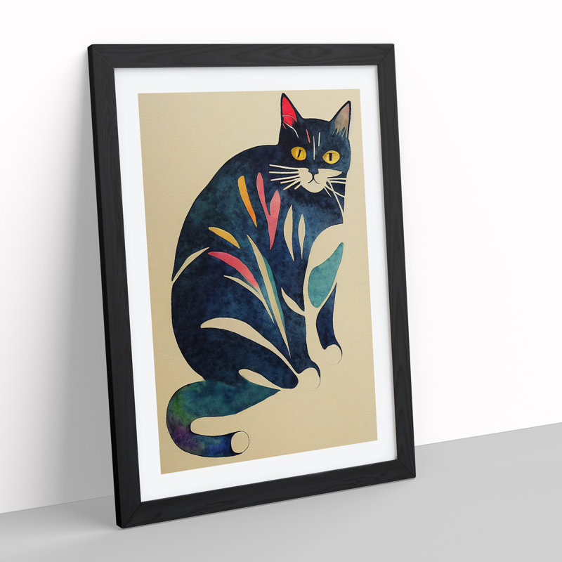Cat Watercolour No.2 - Painting, 36cm H x 27cm W x 2cm D, White, Black Framed
