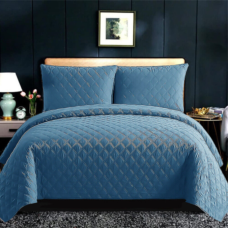 Polyester Solid Colour Bedspread with Pillow Shams, Double Bedspread + 2 Standard Shams, Blue