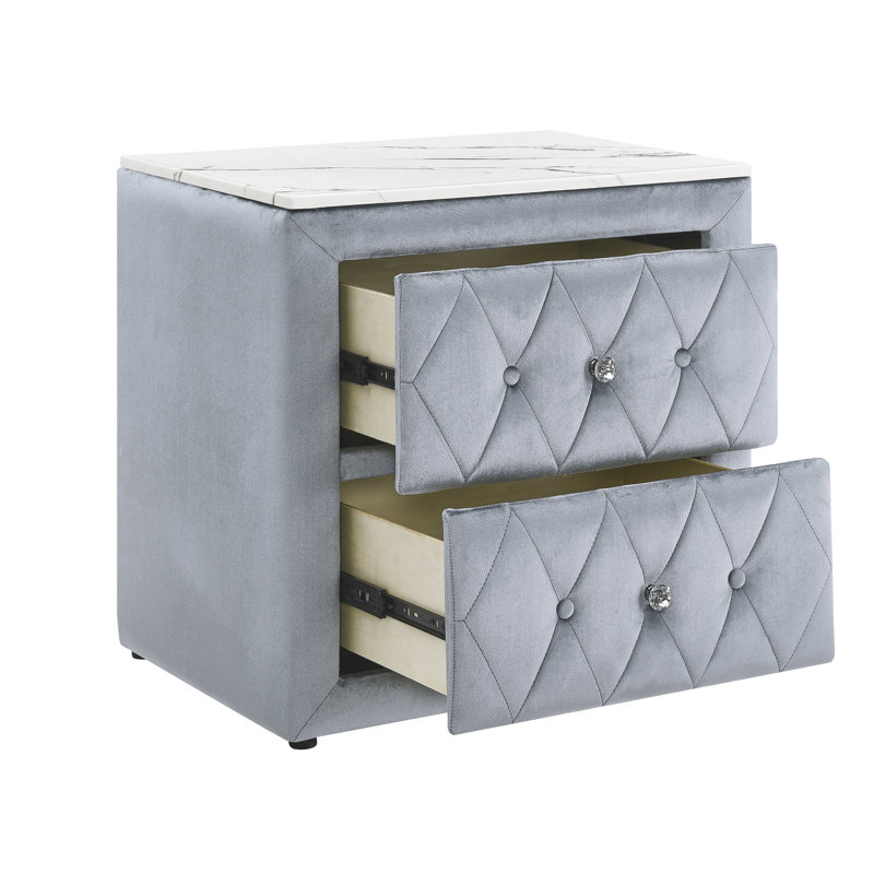 Table de chevet pour chambre à coucher de style moderne, gris, plateau en faux marbre, deux tiroirs de rangement, tissu à boutons et gris cristal