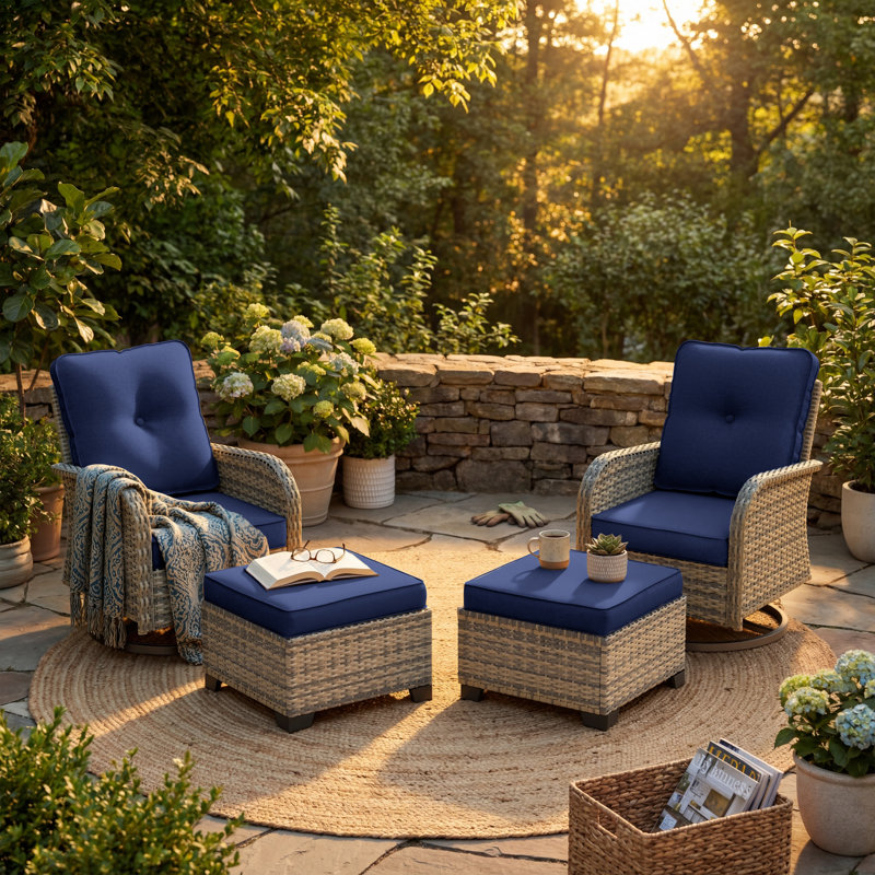 4-Piece Outdoor Swivel Rocker Chair Set With Cushions And Ottomans, Navy Blue