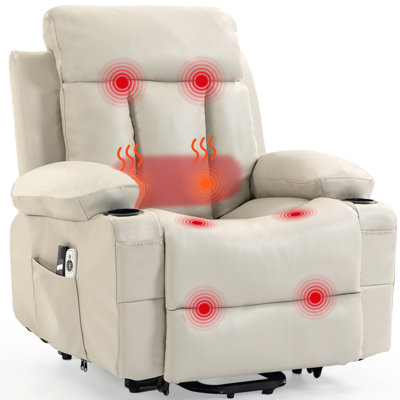Power Lift Recliner Chair for Elderly, Electric Oversized PU Leather Single Sofa with Vibration Massage and Heat, Cup Holder and USB Charge Port for Living Room, Beige