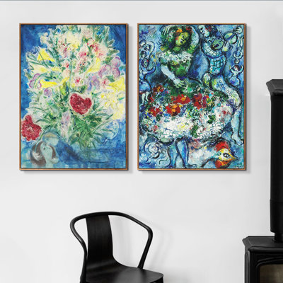 Reproduction d'art numérique sur toile encadrée, 2 pièces par Marc Chagall, série d'art mural n ° 16 pour les décorations de bureau à domicile (cadre de couleur bois mince, 18 po x 24 po chaque pièce)