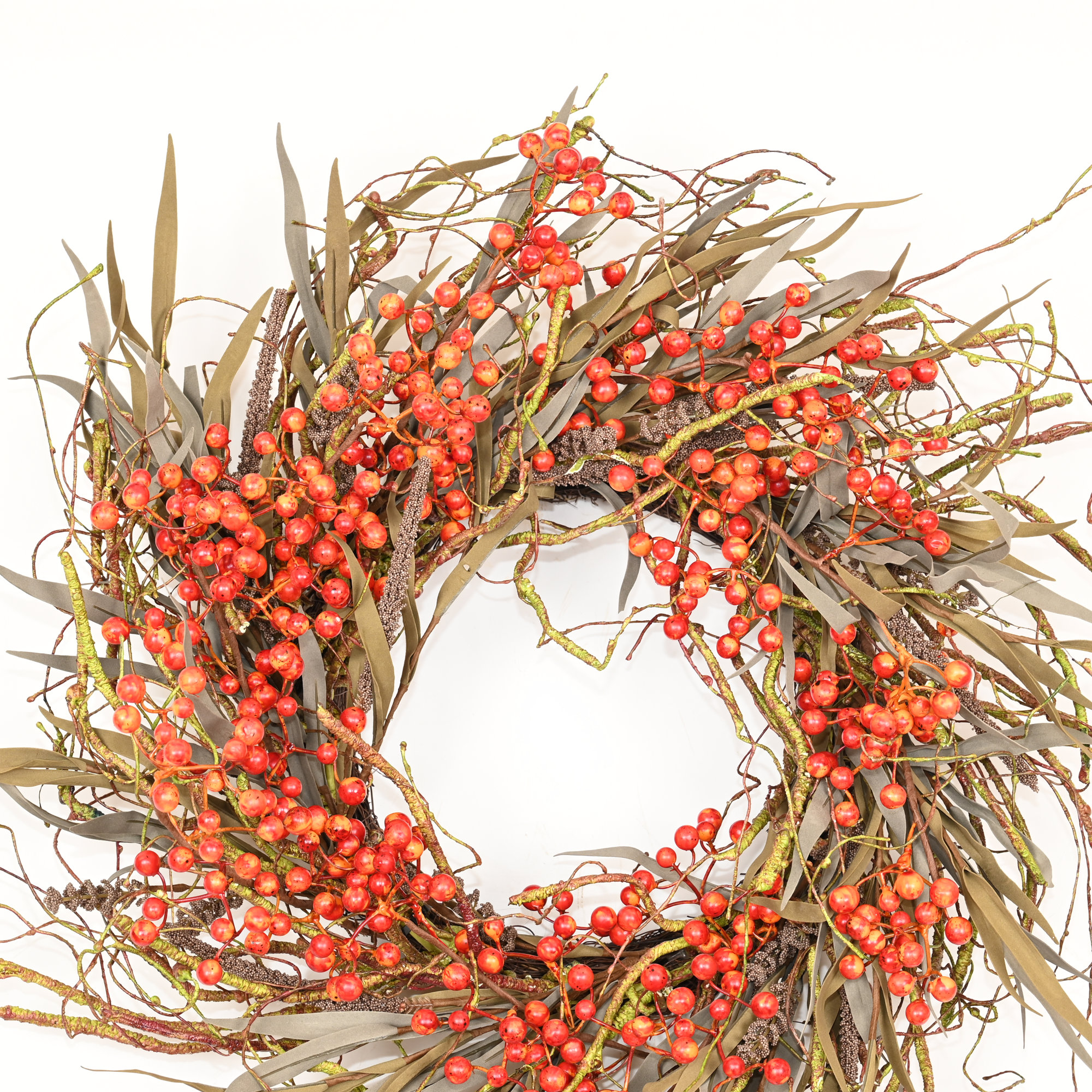 26" Artificial Farmhouse Thanksgiving Day Harvest Blossom Cluster Grass Berry Fall Wreath For Front Door, Orange