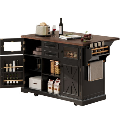 K&K 54.9" Kitchen Island With Drop Leaf, Power Outlet, Kitchen Storage Cart With 4 Door Shelves, Cross Barn Doors & Visual Glass Door, Rolling Kitchen Island On 4 Wheels For Kitchen, Dining Room,Black