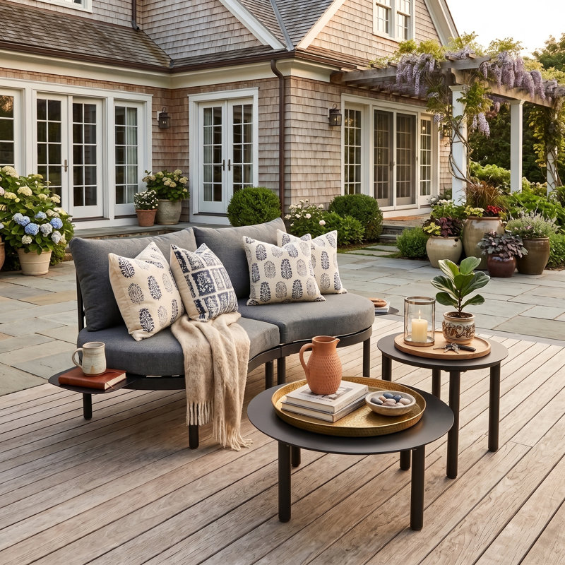 Canapé de patio courbé avec table basse, Coussin noir / cadre gris foncé