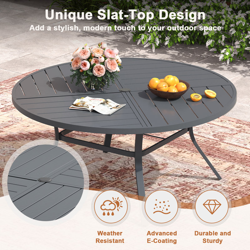 Round Patio Dining Set with 60" Metal Dining Table and 8 Stackable Armrest PVC-coated polyester Chairs, Gray/Gray