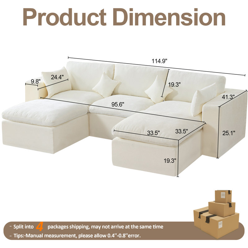 Compression Sectional Couch with 2 Ottomans, Beige Chenille, 5