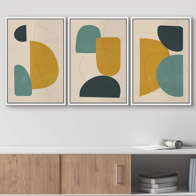 Ensemble de motifs abstraits de style Mid-Century gris, noirs et bleus à motif de collage de style moderne Mid-Century 3 pièces