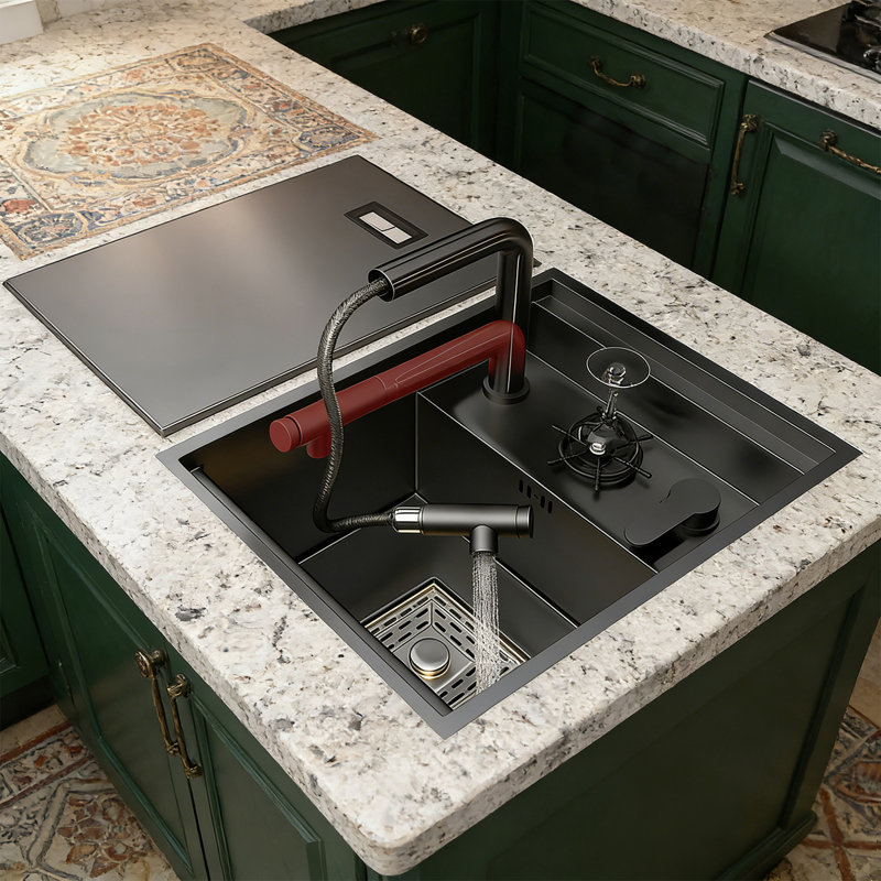 45x38cm Bar Single Bowl Stainless Steel Hidden Kitchen Sink with Lid Faucet Undermount Small Sink RV