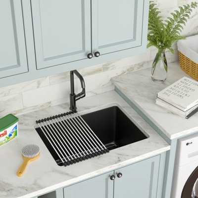 24"L x 18"W Laundry Sink Undermount Quartz Single Bowl Black Utility Sink with Bottom Grid